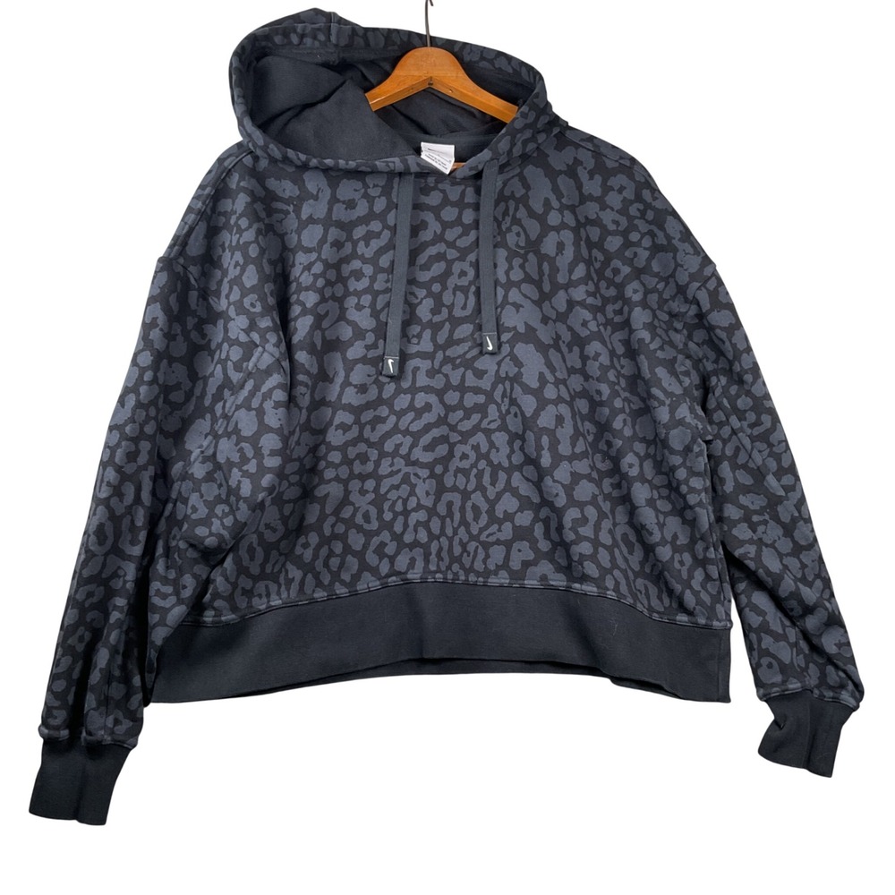 Nike Hoodie Womens Medium Black Leopard Print Fleece Pullover DD6159-010